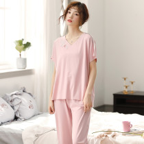 Modal short-sleeved trousers pajamas womens summer casual suits ladies thin sweet V-collar can be worn outside home clothes