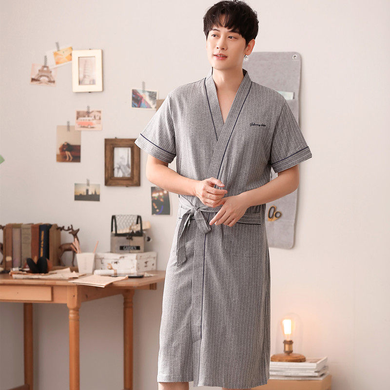 Nightgown men summer cotton short sleeves medium long pajamas men summer cotton bathrobe fashion personality trend homewear
