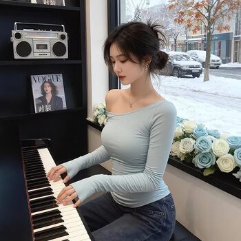 French-Style Elegant Blue Asymmetrical Shoulder Long-Sleeve T-Shirt for Women, 2026 Spring New Model, Waist-Cinching, Slimming, Age-Reducing Base Top