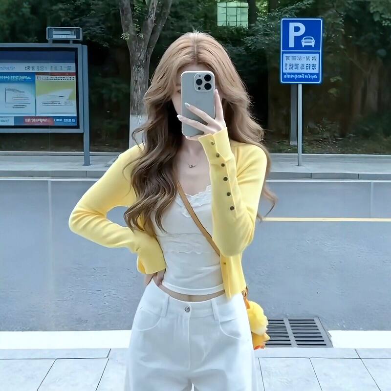 Korean Dopamine Style Yellow Long-Sleeved Knitted Sun Protection Cardigan for Women, Spring and Summer Sweet and Spicy Slim-Fit Short Jacket Top