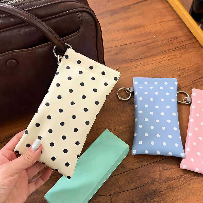 Wave-Dot Pattern Mirror Cloth Eyeglass Case, Portable and Hangable Storage Bag, Automatic Closing Card Holder, Sunglasses Pouch