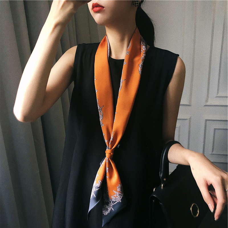 South Korean silk scarves with women's spring and autumn style with fashion 100 lap tying bag summer lap shirt real silk small strip scarlet
