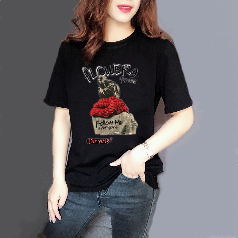 Summer black t-shirt women short sleeves cotton crew neck loose size Korean print half sleeve white slim slim show thin tide