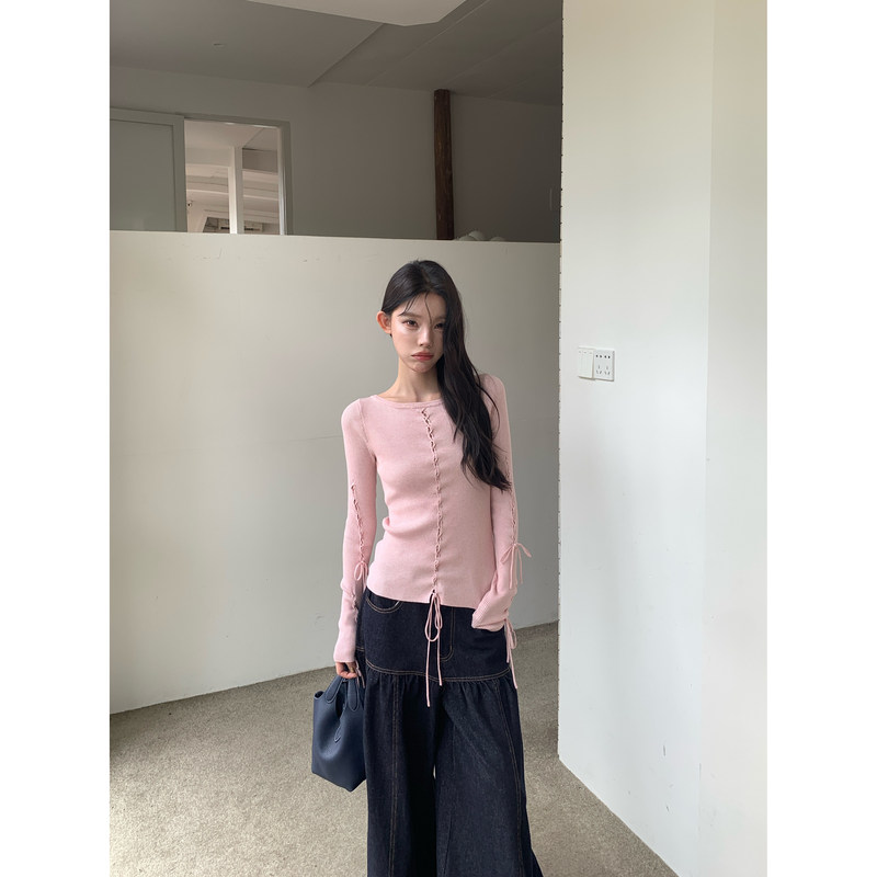 【Ywyw26F/W】Solid Color Front Twist Cord Arm Tie Slim Fit Long-Sleeve Knit Sweater 7607