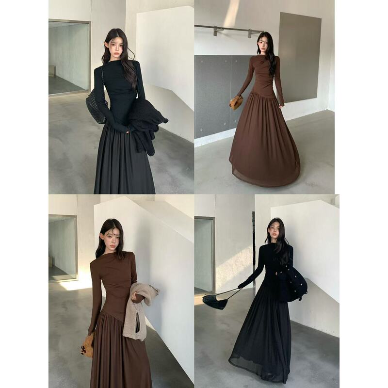 【Ywyw26F/W】Pleated Waist-Cinching Long-Sleeved Top + High-Waisted Draped Long Skirt Two-Piece Set 7668 【Ywyw26F/W】Pleated Waist-Cinching Long-Sleeved Top + High-Waisted Draped Long Skirt Two-Piece Set 7668