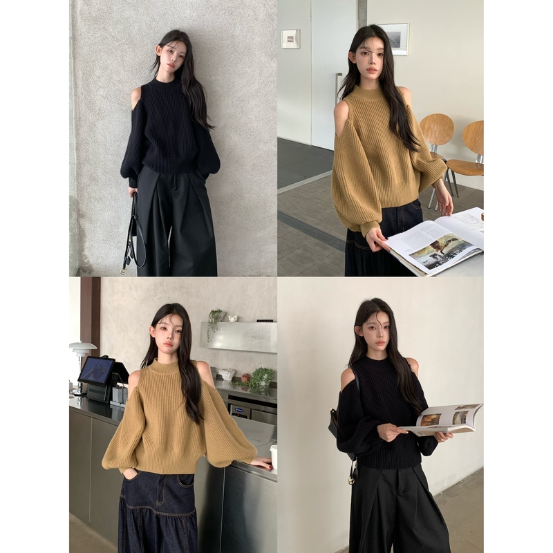 【Ywyw26F/W】Autumn Half-High Collar Lantern Long-Sleeve Design Off-Shoulder Loose Slimming Sweater 1138