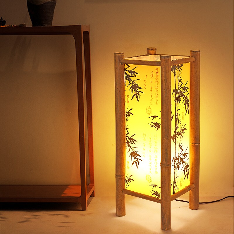 Chinese-Style Floor Lamp Next to the Sofa in the Living Room, Atmospheric Lighting, Wabi-Sabi Style Tea Room, Retro Zen Tea Table, Bamboo Weaving and Bamboo Art