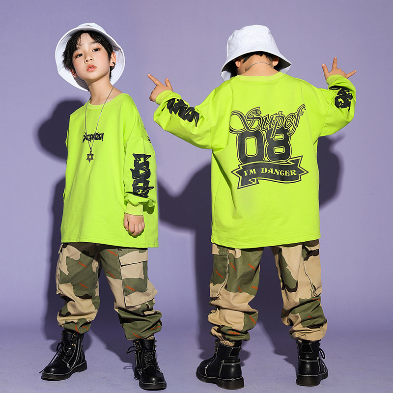 Boys' hip-hop suit children's long-sleeved loose camouflage pants tide clothing children's handsome hiphop hip-hop performance clothing
