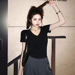 2023 summer black t-shirt women's short-sleeved V-neck slim top solid color sweetheart neck pure cotton half-sleeved tight-fitting bottoming shirt