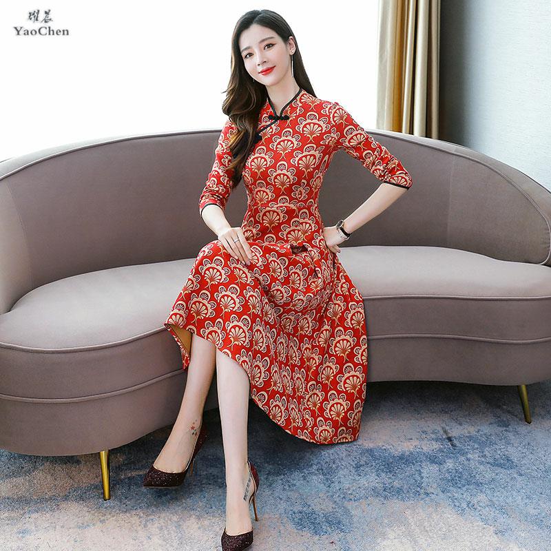 Ăn mặc phụ nữ mùa xuân và mùa thu 2020 mới mùa xuân váy Hàn Quốc phiên bản của mỏng dài vừa retro cơ thể đeo hoa váy dài tay.