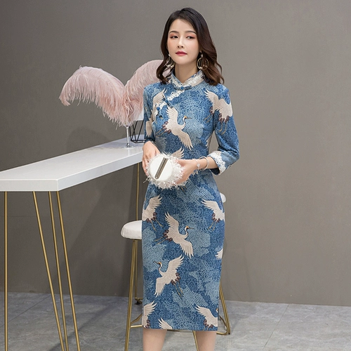 Демисезонный легкий пуховик, элегантное ципао, лонгслив, бархатное платье, 2019, светлый стиль