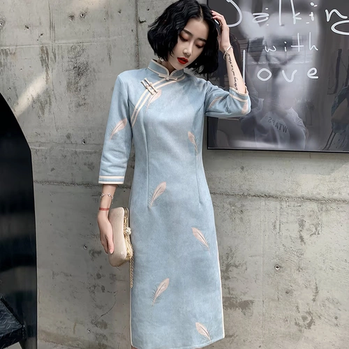 Легкое элегантное демисезонное ципао, платье, светлый стиль, китайский стиль