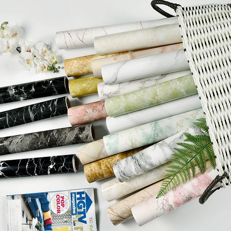 Marble pattern wallpaper self-adhesive 10 meters waterproof and oil-proof kitchen stickers glossy living room aisle wall skirt wallpaper