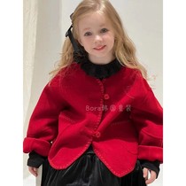 Bora Korean girls red thickened woolen coat 2024 new autumn and winter clothing small and medium-sized baby coat trendy