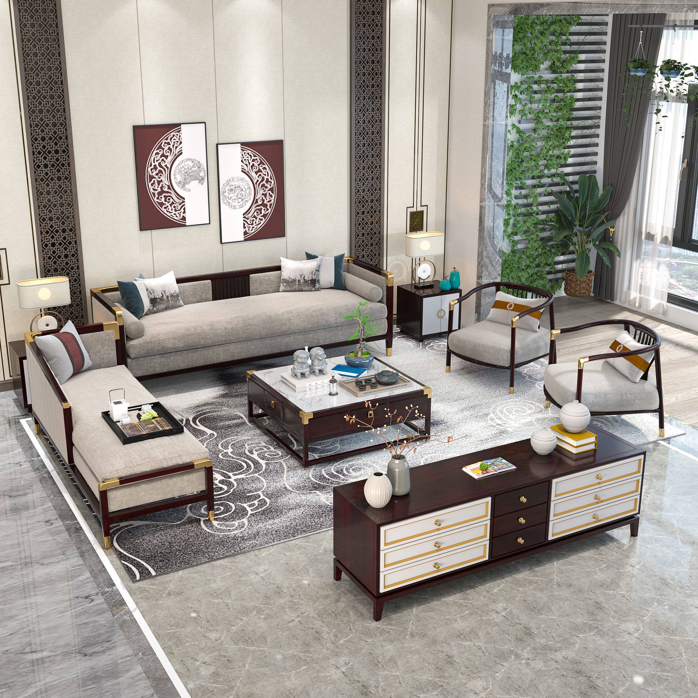 New Chinese-style sofa combination small apartment all solid wood modern simple light luxury Chinese style Zen fabric furniture customization