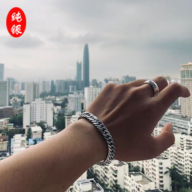 Sterling Silver Cuban Bracelet for Men, Trendy Hip-Hop, Simple and Versatile, Niche Design, High-End Jewelry, Women's Couple Style, a Pair