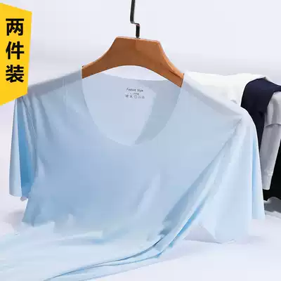 2-piece striped ice silk short-sleeved T-shirt men's quick-drying air-permeable ultra-thin sliding and hanging air-conditioning shirt half-sleeved summer trend