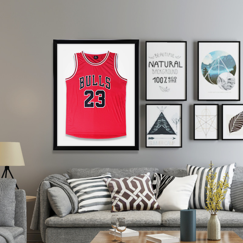 Cosby James jersey photo-frame mounted memorial collection customized football basketball tennis showcasing set-up.