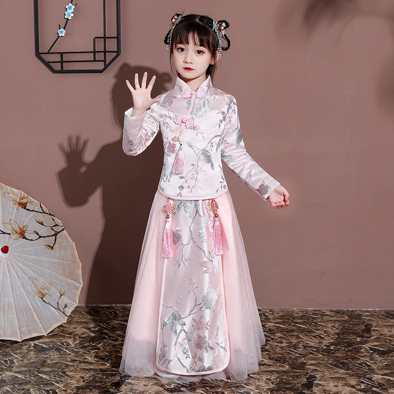 Girl's qipao ancient dress Han clothes Chinese Wind Spring and Autumn Long sleeves Guzheng Out of service CUHK Tong Long Edition Tang Dress Princess Dress