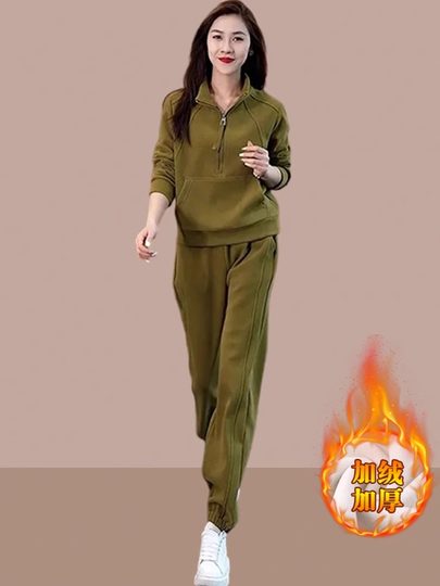 Women's Sports Suit 2025 Autumn and Winter New Style Fashionable Fleece-Lined Thickened Sweatshirt and Jogger Pants Casual Two-Piece Set