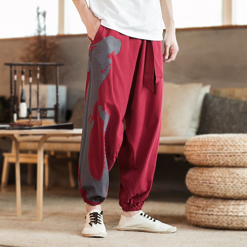 Guochao Kharen Pants Male Haren Pants Futher Printed Drag Crotch Pants Low Crotch Cross Pants Wide Fat Sub Nepalese Casual Pants Fat