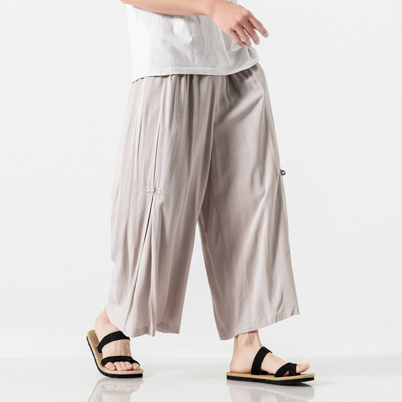 Chinese-style culottes men's nine-point pants cotton and linen drape fairy-like Song pants extra wide drop-feel wide-leg pants linen meditation 9-point pants