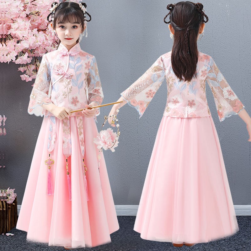 Hanfu Girls' Tang Suit Fairy Dress Elementary School Student Dress Ancient Costume Children's Formal Dress Princess Dress Mesh Sleeve Cheongsam Set Hanfu Girls' Tang Suit Fairy Dress Elementary School Student Dress Ancient Costume Children's Formal Dress Princess Dress Mesh Sleeve Cheongsam Set