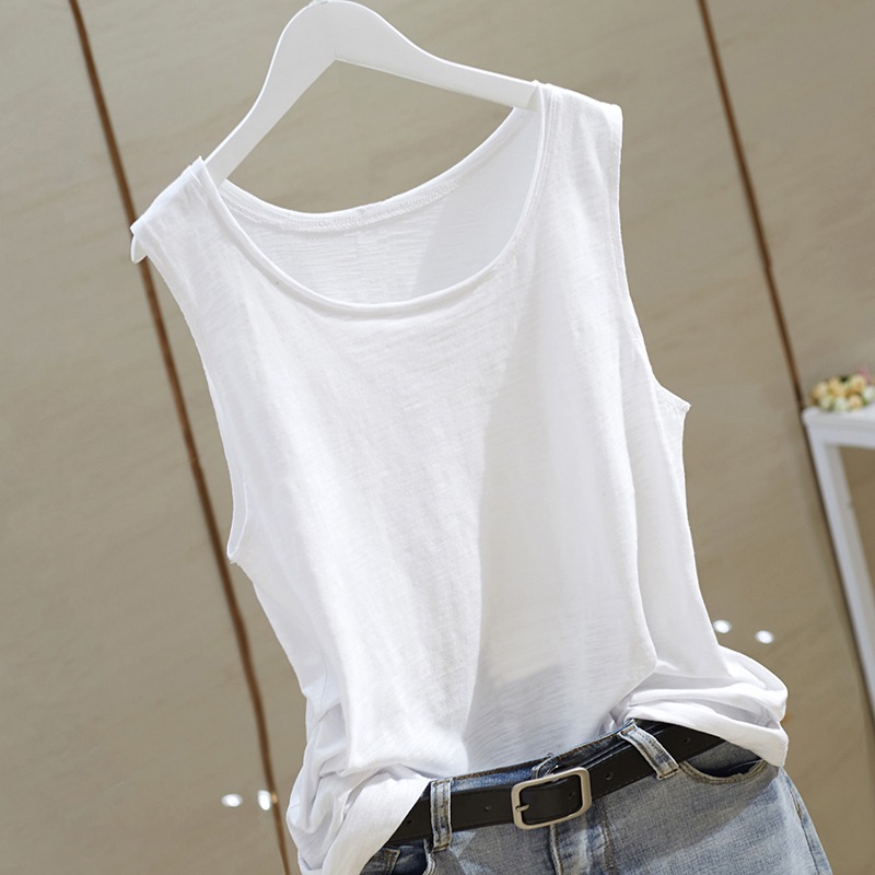 White Pure Cotton Camisole for Women, Suitable for Wearing Outside or as an Inner Layer, Sleeveless, Petite Size, Loose Fit, Plus Size, Tummy-Covering Top for Summer