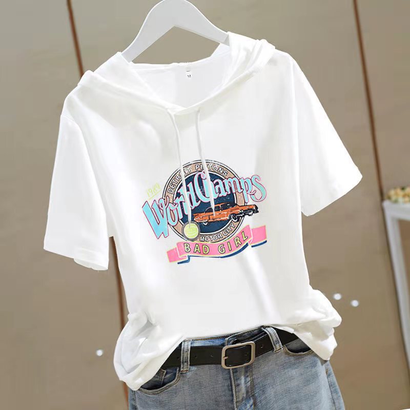 Pure Cotton Short-Sleeved T-Shirt for Women, Loose Large Size, 2026 Summer New Design, Niche Style, White Hooded Top Pure Cotton Short-Sleeved T-Shirt for Women, Loose Large Size, 2026 Summer New Design, Niche Style, White Hooded Top