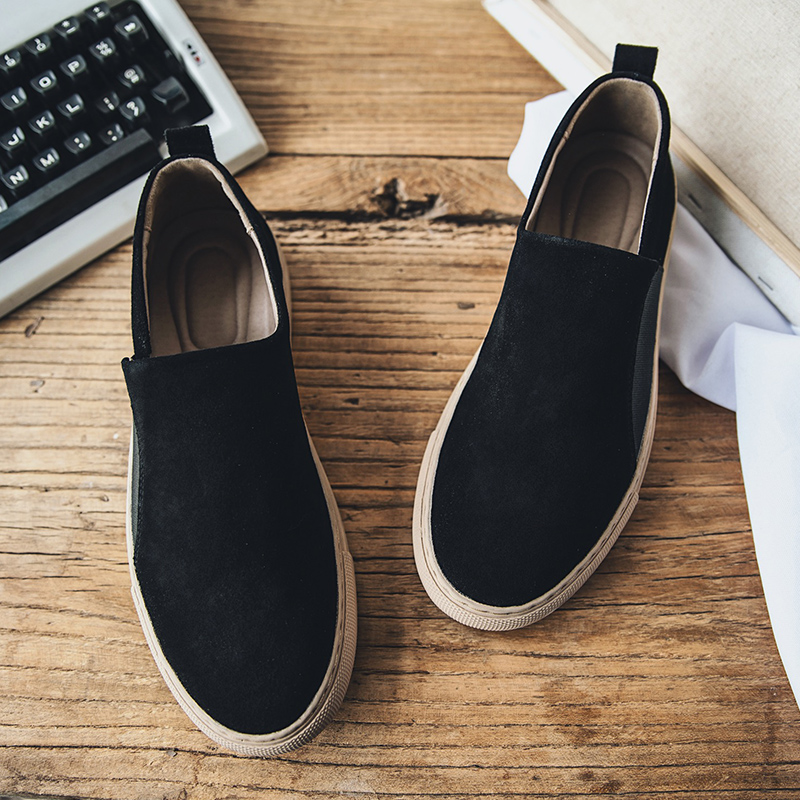 Summer black loafers men's suede slip-on men's shoes summer thin beanie shoes leather loafers low-top