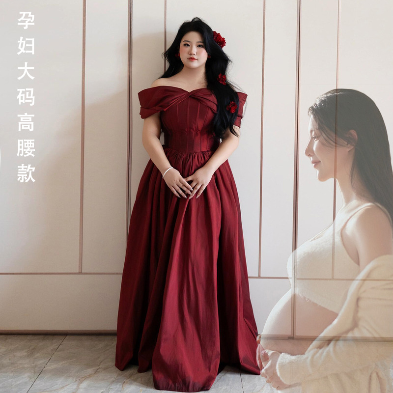 Plus Size Fat Girl's Red Engagement Dress for Pregnant Women to Cover Belly and Look Slim, Suitable for Homecoming, Coming-Of-Age Ceremony, Birthday Party Dress