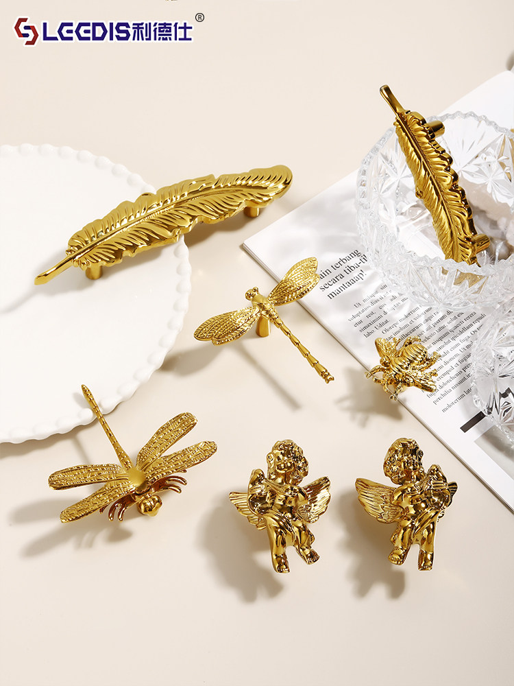 Creative and Unique French-Style Brass Cabinet Door Handles with Dragonfly, Bee, Angel Feather, and Sparrow Designs for Cabinets, Drawers, and Wardrobes