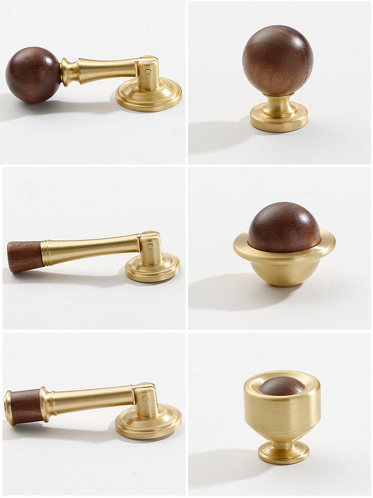 New Chinese-Style Retro Walnut Wood Brass Cabinet Door Handle, Antique Bronze Color Round Ball Cabinet Wardrobe Drawer Handle