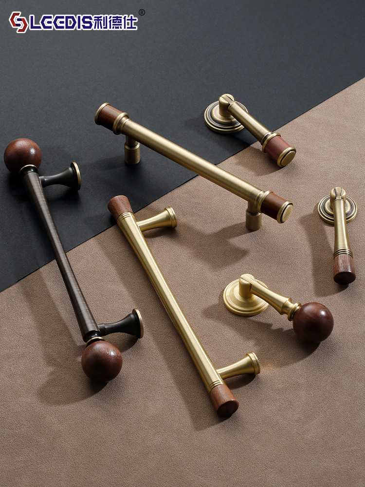 New Chinese-Style Retro Walnut Wood Brass Cabinet Door Handle, Antique Bronze Color Round Ball Cabinet Wardrobe Drawer Handle