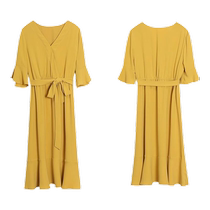 Lotus Leaf Lace Dress 2023 Summer New Big Code Woman Dress Fat Mm Light Lavish Cashew cashew V collar Balloon Flower long dress