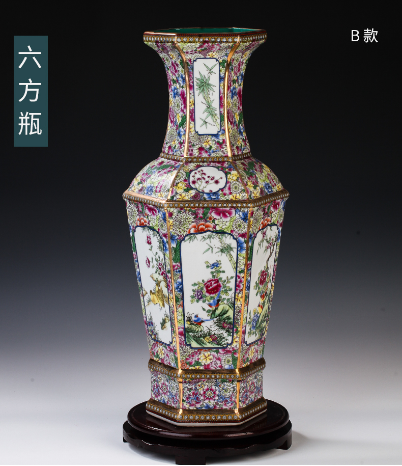 Archaize of jingdezhen ceramics powder enamel see colour enamel six sides flower vase furnishing articles sitting room porch decoration