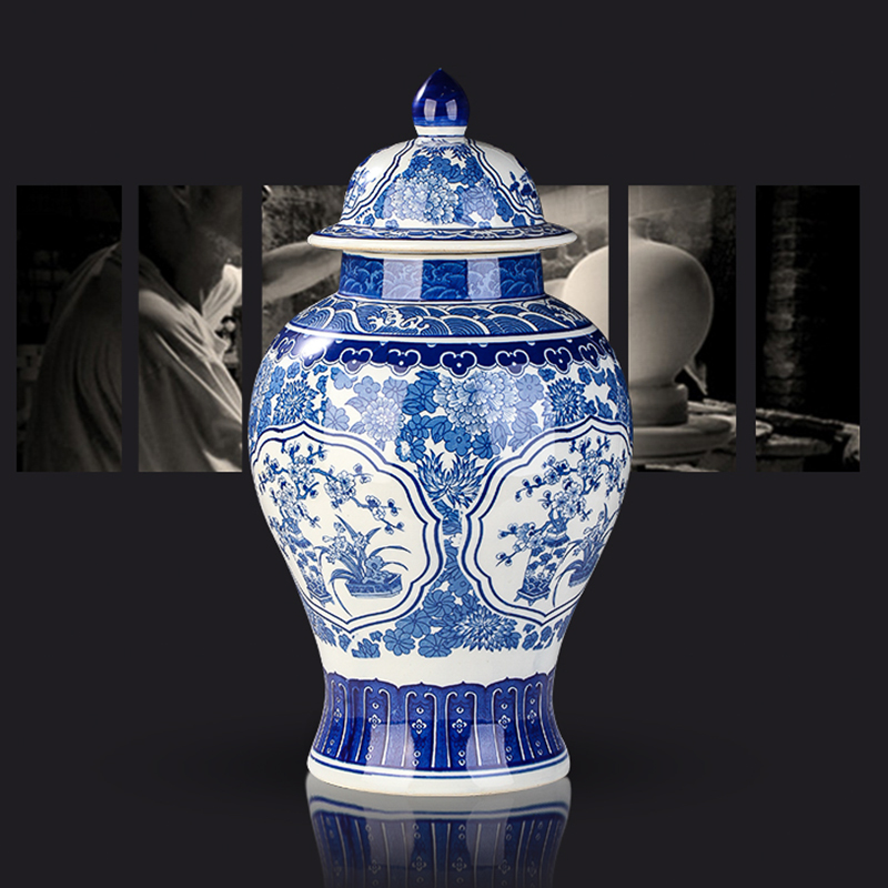 Jingdezhen ceramic general furnishing articles put lotus flower grain size of blue and white porcelain jar of Chinese style living room TV cabinet storage tank