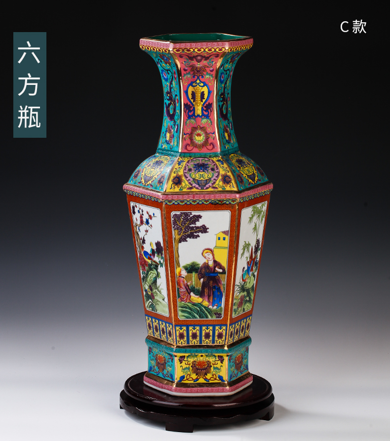 Archaize of jingdezhen ceramics powder enamel see colour enamel six sides flower vase furnishing articles sitting room porch decoration