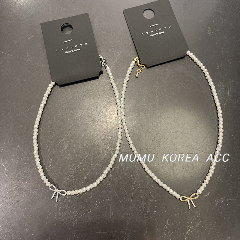 韩国东大门代购少女甜美金属水钻蝴蝶结吊坠珍珠链条项链气质颈链