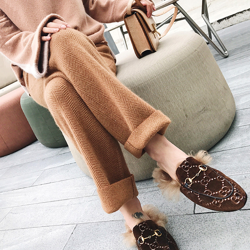 Herringbone textured wool trousers female autumn winter loose straight drum high waist thickened lengthened wool cashmere casual long pants wide-legged pants-Taobao