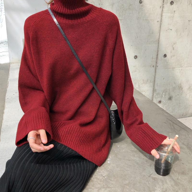 Red Sweater Woman Autumn Winter Han Edition Simple Lazy and Little Hanging Hundred Wool Knitted Skin Tall-collar Blade