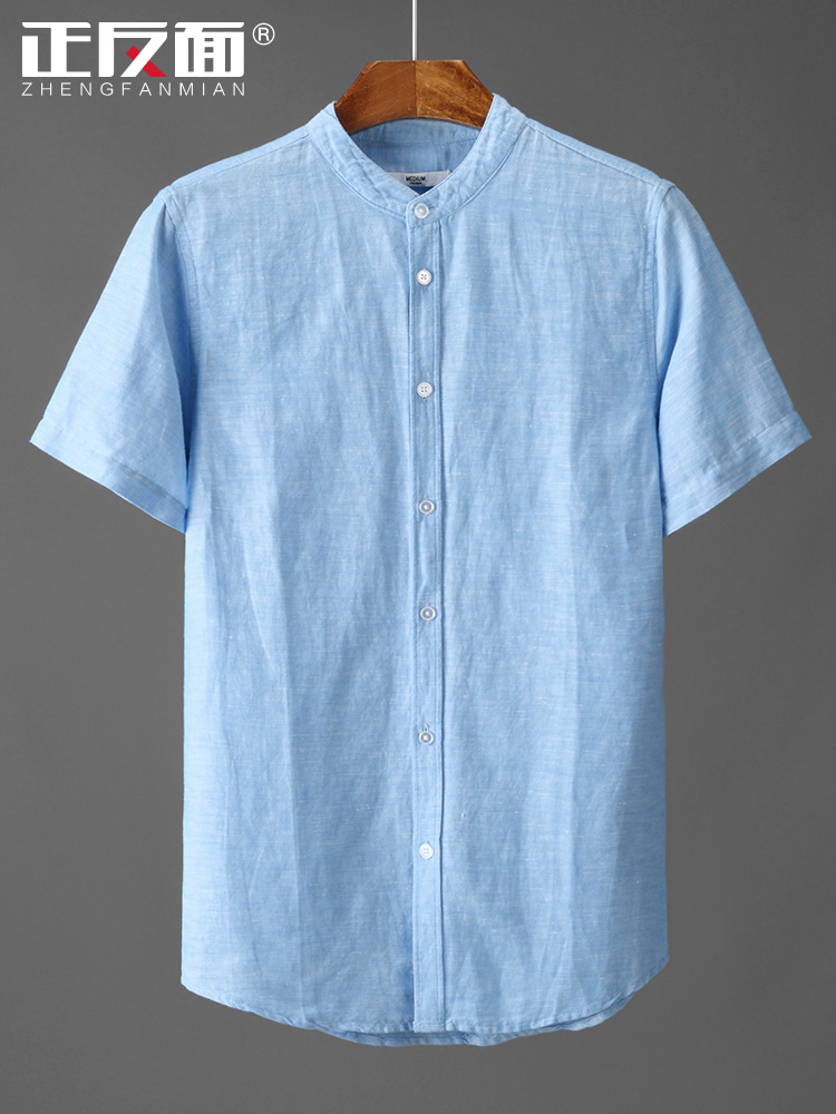 Literary stand-up collar yarn-dyed linen shirt men's short-sleeved casual and comfortable cotton and hemp youth half-sleeve shirt inch shirt hemp E