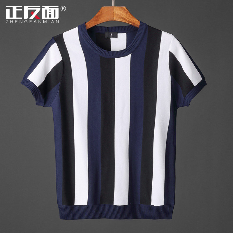 Fall/winter round neck slim large striped short sleeve men's knit shirt leggings half sleeves underwear sweater line T-shirt A