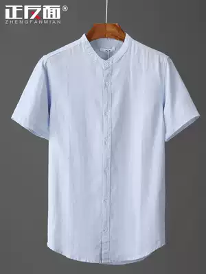 Breathable cool solid color stand neck linen shirt men's short sleeve men's youth cotton linen shirt inch shirt hemp top E