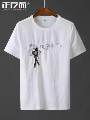 Character embroidery patchwork cotton and linen short-sleeved men's T-shirt casual youth half-sleeved linen T-shirt linen men's top E