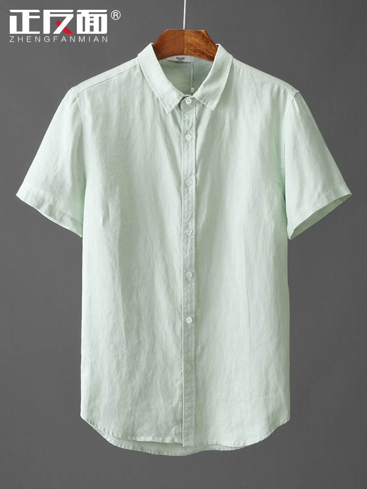 2020 summer square collar pure linen short-sleeved men's shirt Casual Japanese youth linen shirt top inch shirt E