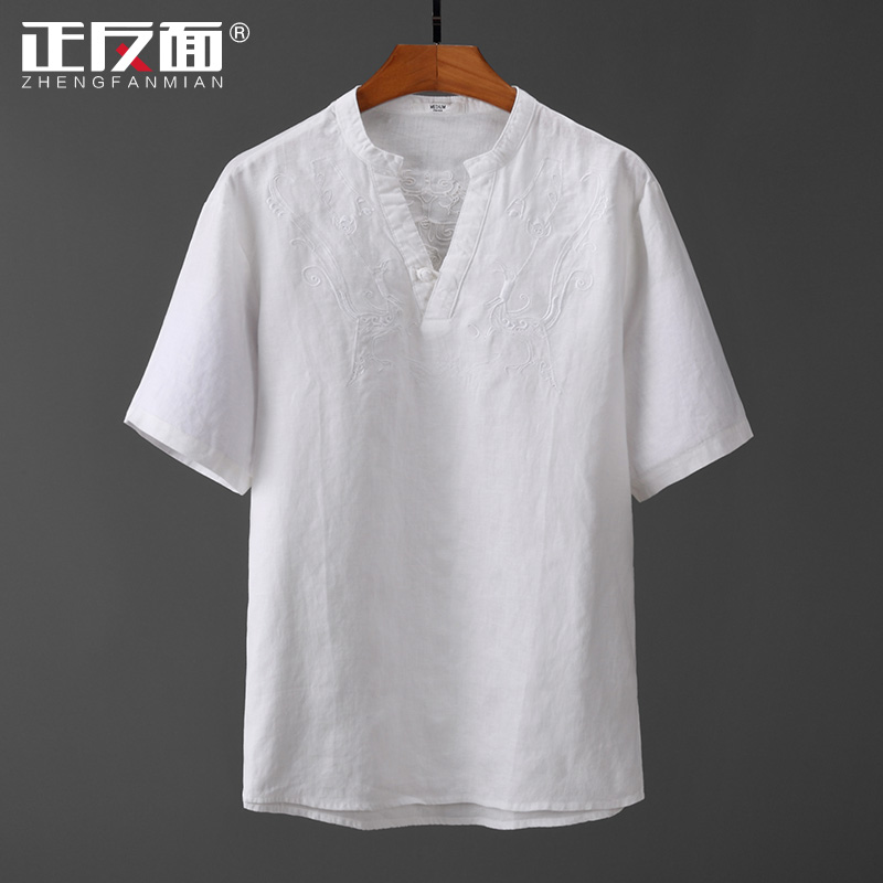 V collar disc buckle front and back embroidery pure linen short sleeve men's shirt loose casual pure hemp material numb shirt blouse E