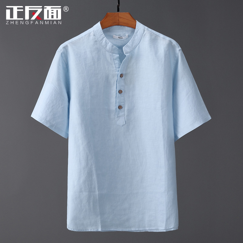 Chinese style pullover stand collar pure linen men's short-sleeved shirt breathable cool pure linen linen shirt top E