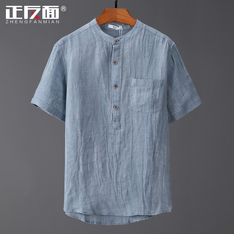 Day of vintage retro crimson for old lap pure linen short sleeves Men's shirt trendy casual hemp cloth shirt E