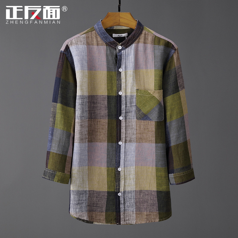Japanese retro color matching plaid stand collar linen men's three-quarter sleeve shirt round neck half sleeve cotton linen shirt breathable E